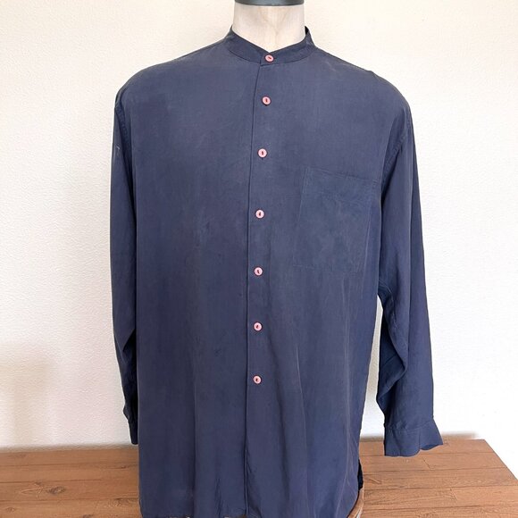 Vintage Nehru Silk Long Sleeve Shirt - Navy - Size XL - I.Magnin - Picture 1 of 8